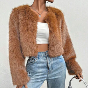 Women's Solid Color Long Sleeve Faux Fur Short Coat